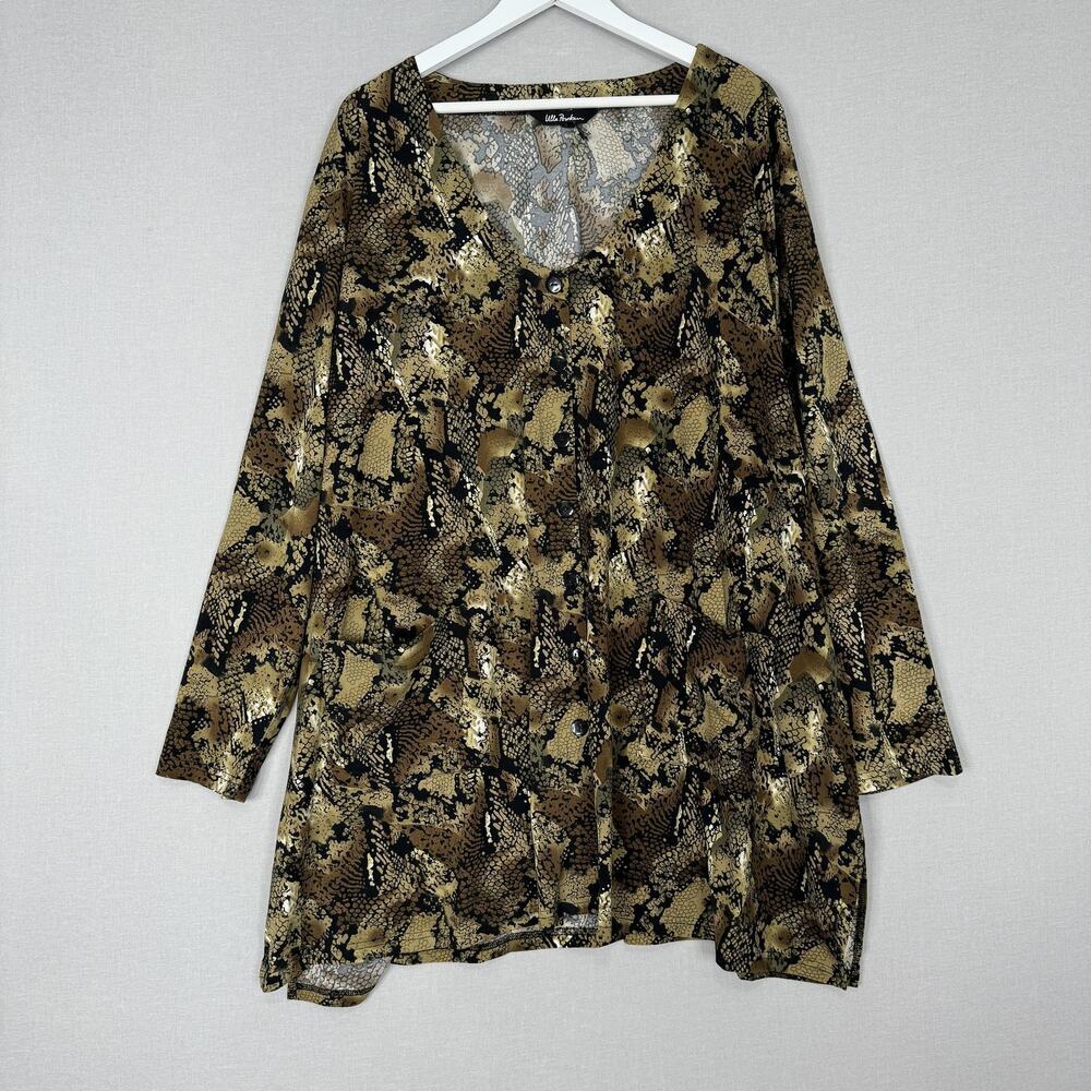 Ulla Popken Tunic Womens 32 Brown Snake Animal Print Button Front Top Travel